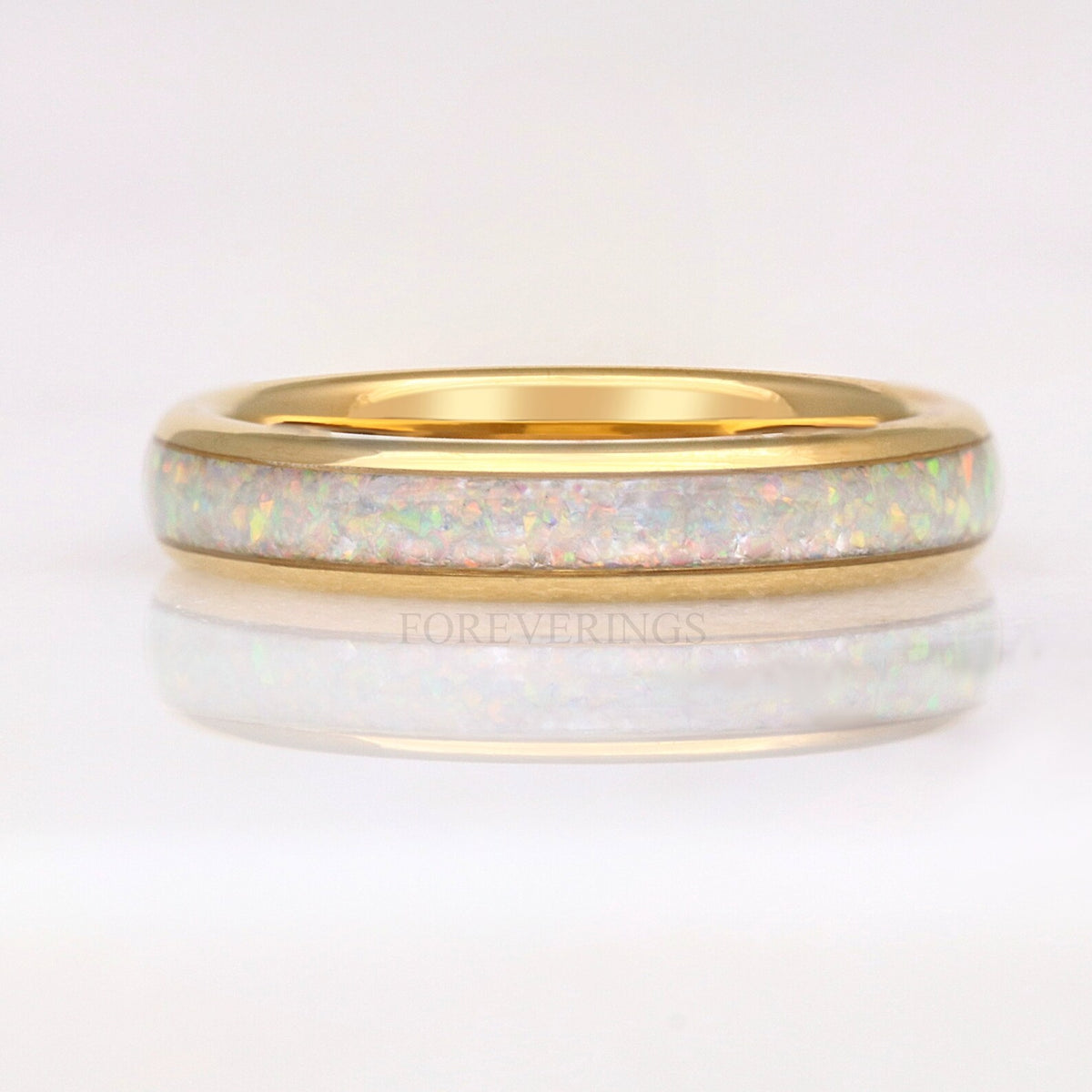 Gold Tungsten Wedding Band Set, His & Hers Crushed White Fire Opal Ring, 8mm & 4mm Couples Ring Set, Polish, Dome, Comfort Fit