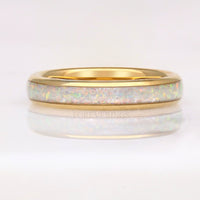 Gold Tungsten Wedding Band Set, His & Hers Crushed White Fire Opal Ring, 8mm & 4mm Couples Ring Set, Polish, Dome, Comfort Fit