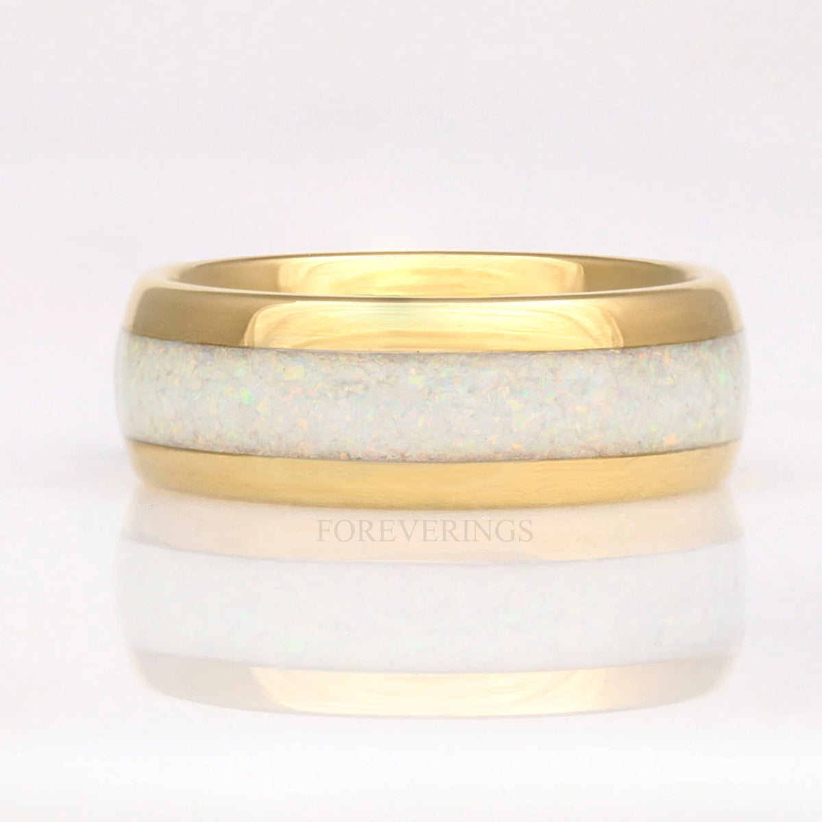 Gold Tungsten Wedding Band Set, His & Hers Crushed White Fire Opal Ring, 8mm & 4mm Couples Ring Set, Polish, Dome, Comfort Fit