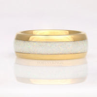 Gold Tungsten Wedding Band Set, His & Hers Crushed White Fire Opal Ring, 8mm & 4mm Couples Ring Set, Polish, Dome, Comfort Fit