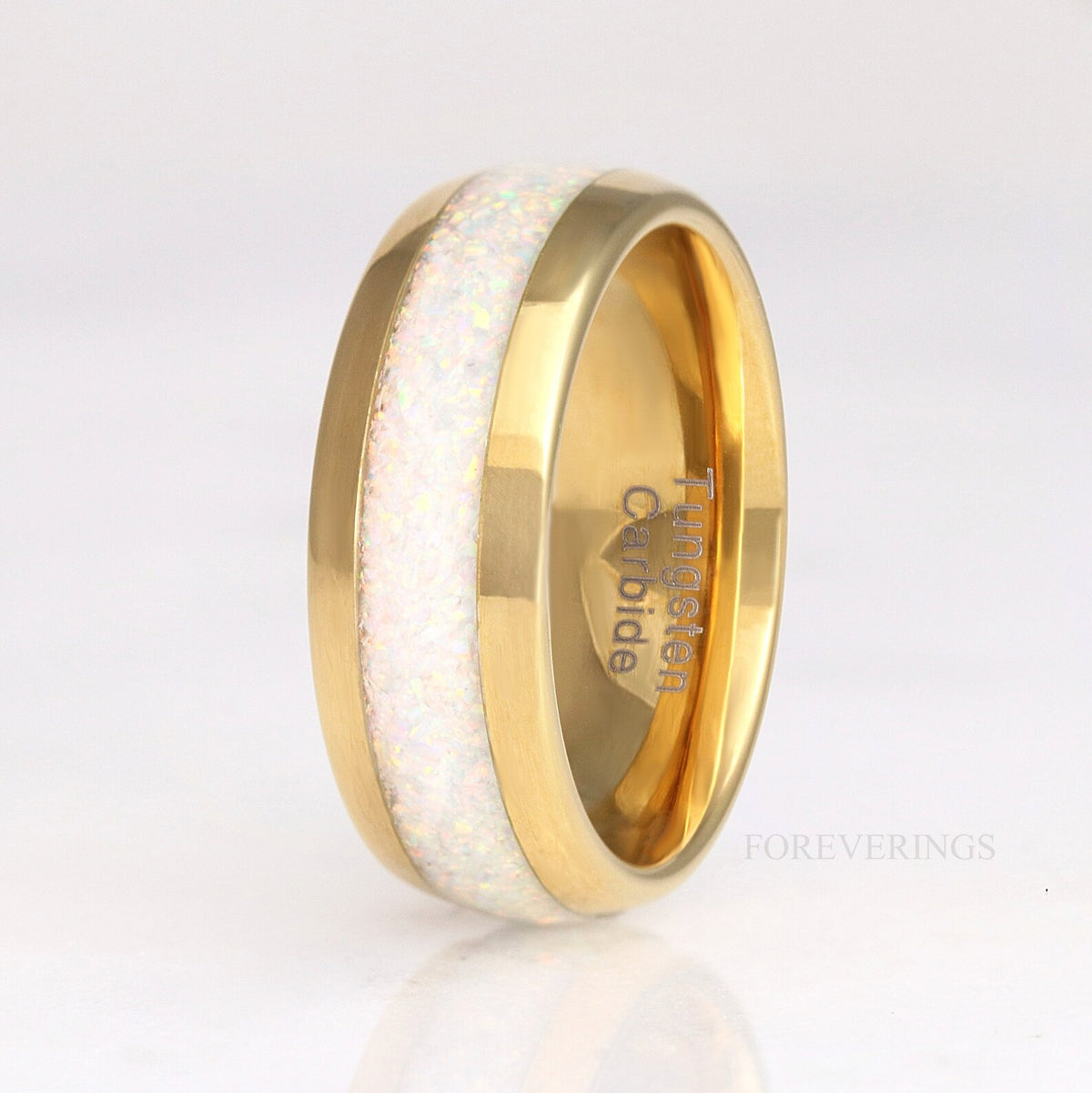 Gold Tungsten Wedding Band Set, His & Hers Crushed White Fire Opal Ring, 8mm & 4mm Couples Ring Set, Polish, Dome, Comfort Fit