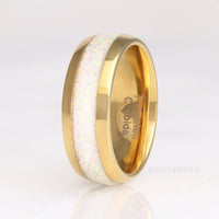 Gold Tungsten Wedding Band Set, His & Hers Crushed White Fire Opal Ring, 8mm & 4mm Couples Ring Set, Polish, Dome, Comfort Fit