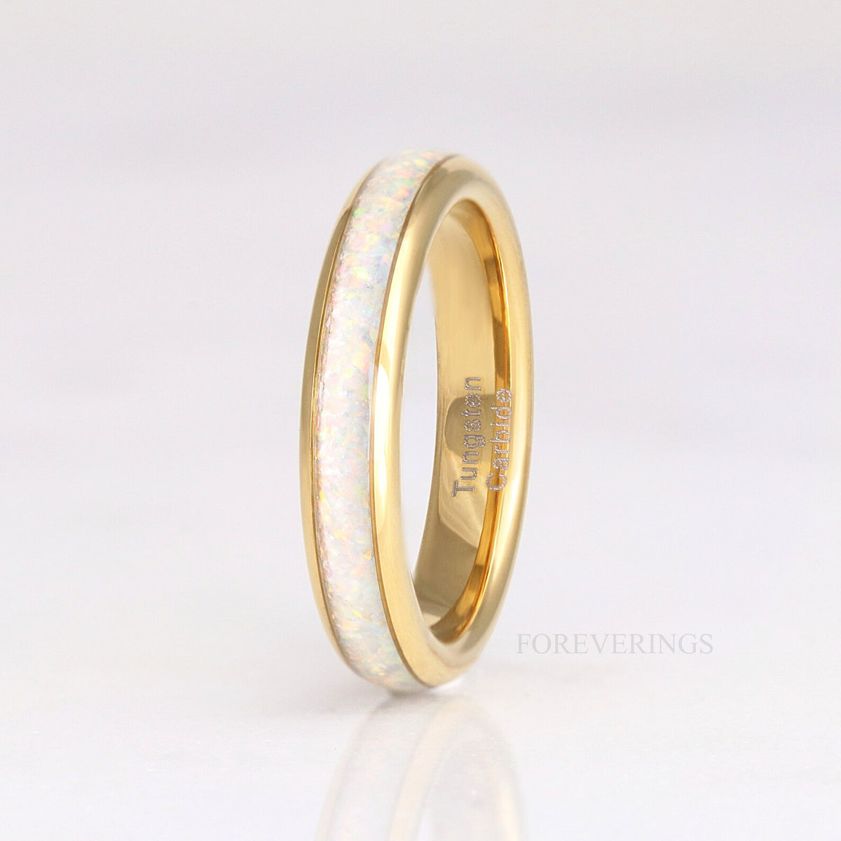 Gold Tungsten Wedding Band Set, His & Hers Crushed White Fire Opal Ring, 8mm & 4mm Couples Ring Set, Polish, Dome, Comfort Fit