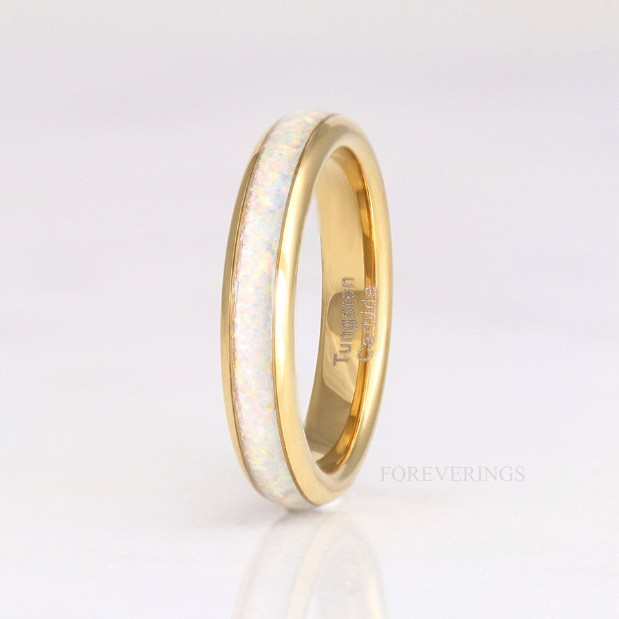 Gold Tungsten Wedding Band Set, His & Hers Crushed White Fire Opal Ring, 8mm & 4mm Couples Ring Set, Polish, Dome, Comfort Fit