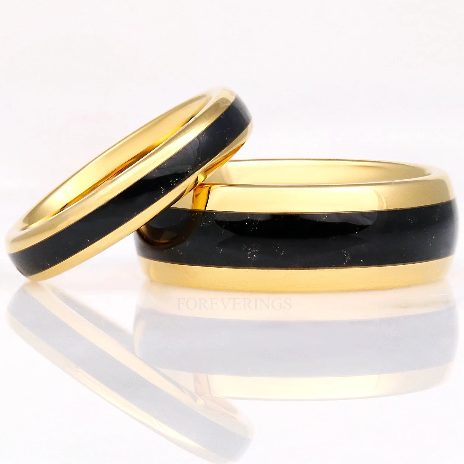 Gold Onyx Wedding Band Set, Couples Black Onyx Wedding Ring, 8mm & 4mm Gold Plated Ring Set, Polish, Dome, Comfort Fit