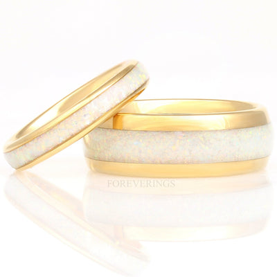 Gold Tungsten Wedding Band Set, His & Hers Crushed White Fire Opal Ring, 8mm & 4mm Couples Ring Set, Polish, Dome, Comfort Fit