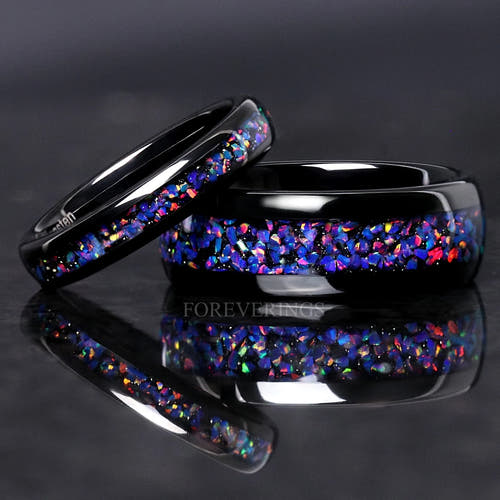Matching black tungsten couples ring set with Van Gogh opal inlay, 8mm and 4mm