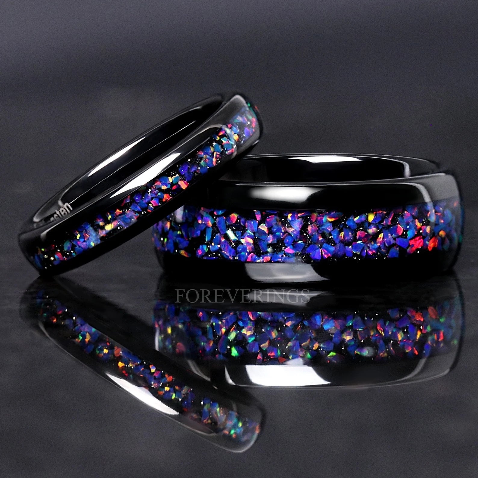 Black Starry Night Van Gogh Opal Matching Ring Set, His and Hers Tungsten Wedding Band, 8mm & 4mm Black Ring Set for Couples, Ring Engraving