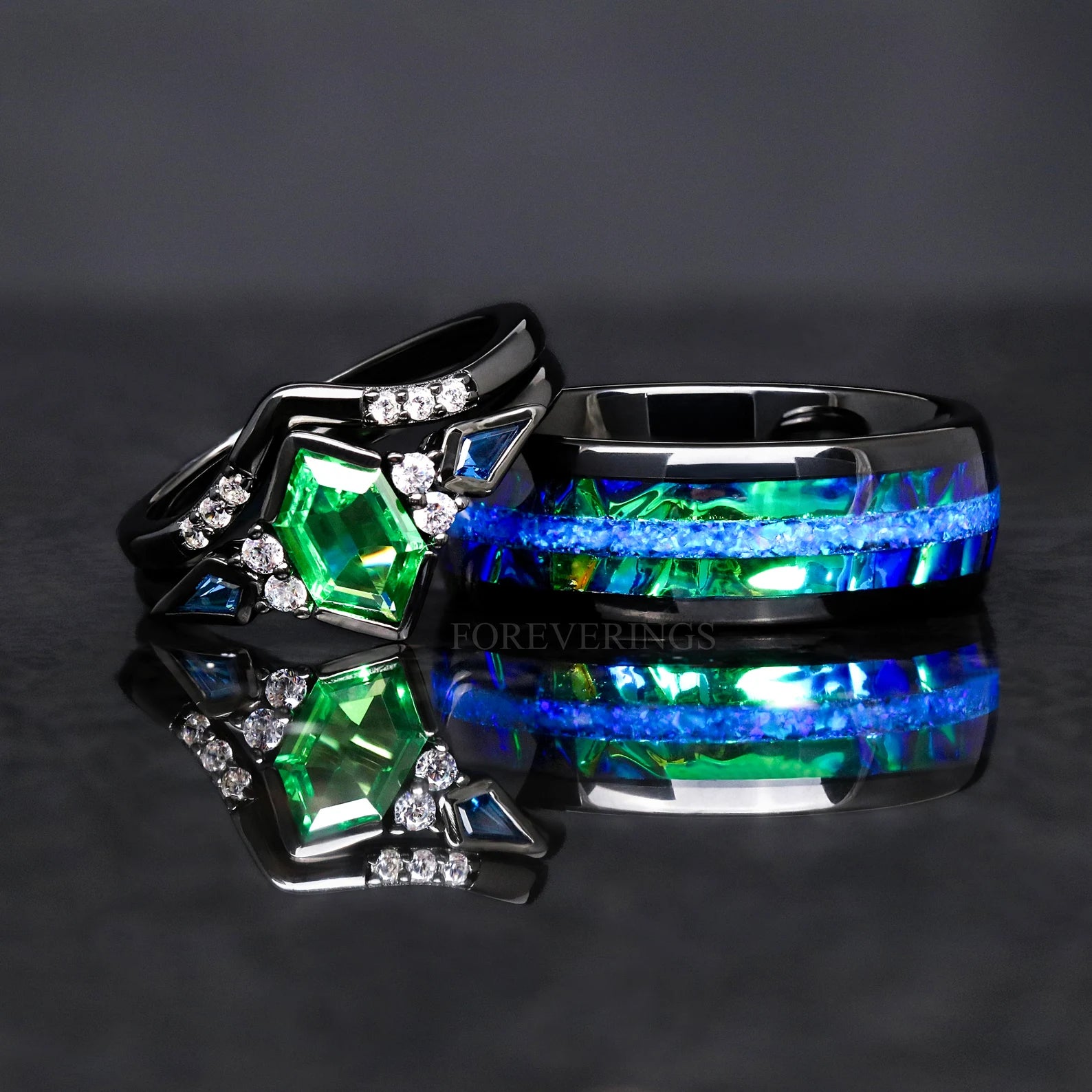 Azure Tsavorite His and Her Ring Set, Blue Fire Opal, Galaxy Engagement Ring Set, Black Nebula Wedding Band, Dichrolam, Matching Couple Ring