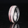 Men's 8mm silver tungsten ring with pink morganite and white fire opal inlay, angled view