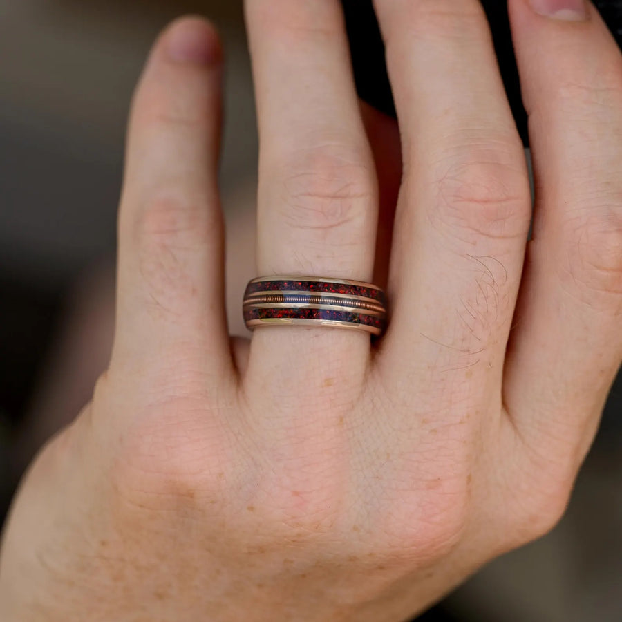 Red Fire Opal Guitar String Inlay | Men's Rose Gold Tungsten Wedding Band