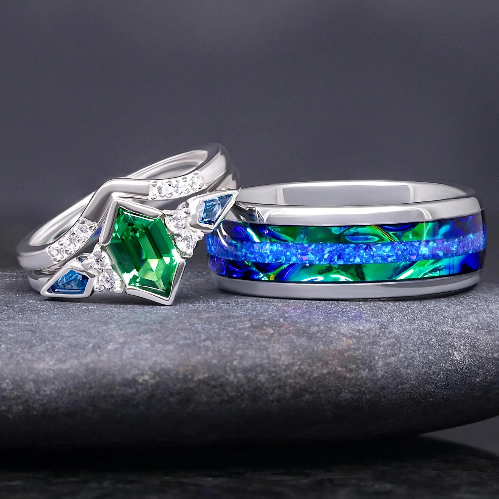 Azure Engagement Ring Set, His and Her Wedding Ring Set, Tungsten, Sterling Silver, Tsavorite, Blue Opal, Matching Promise Ring for Couples