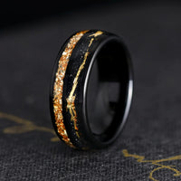 Citrine Couple Ring Set, Black & Gold Alternative Engagement Ring Set, Unique Black Band, Wedding or Promise Ring, Matching His and Her Ring