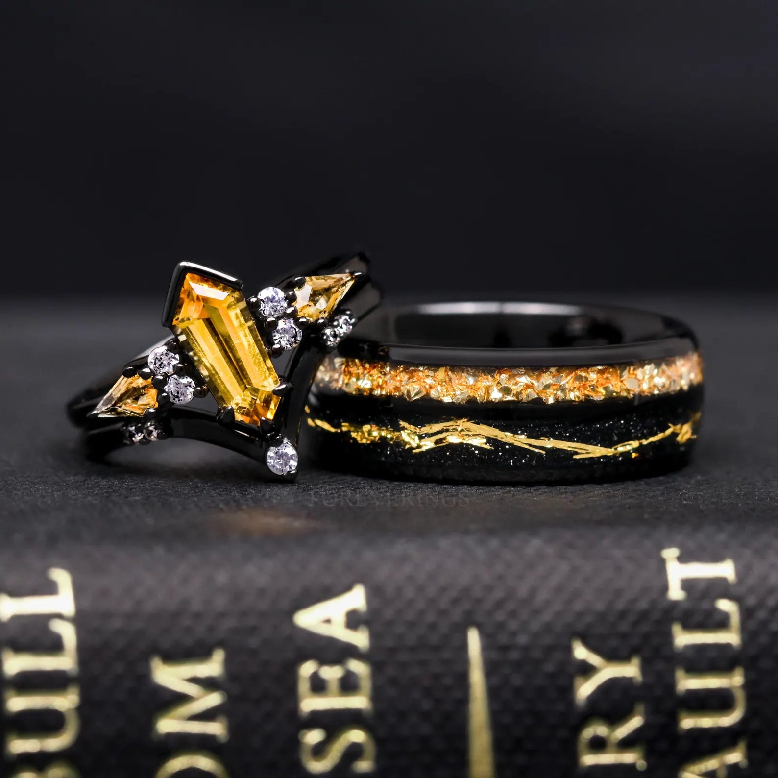 Citrine Couple Ring Set, Black & Gold Alternative Engagement Ring Set, Unique Black Band, Wedding or Promise Ring, Matching His and Her Ring