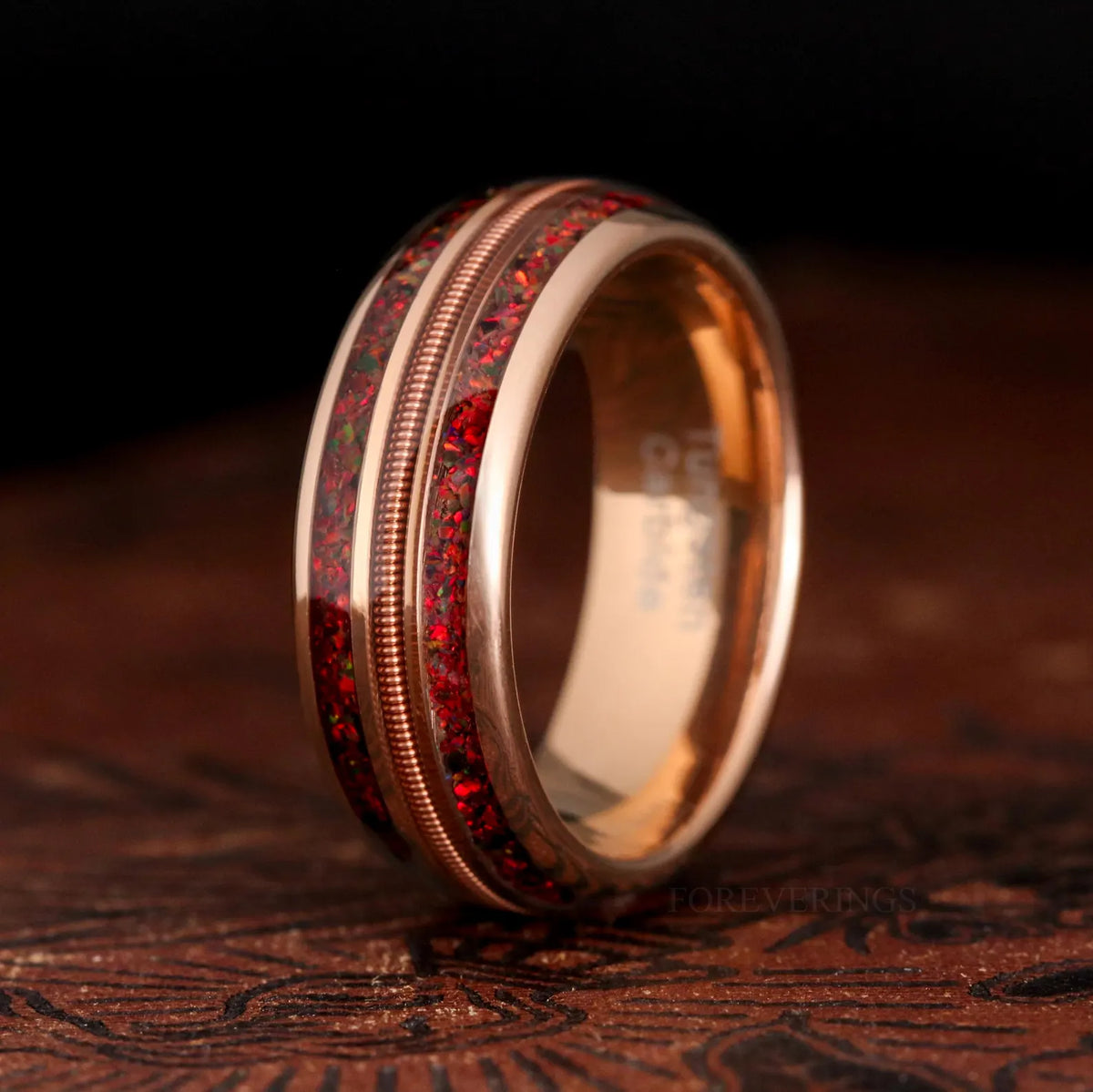 Red Fire Opal Guitar String Inlay | Men's Rose Gold Tungsten Wedding Band
