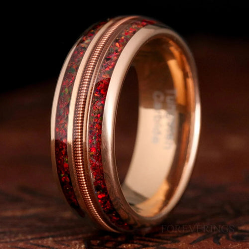 Red Fire Opal Guitar String Inlay | Men's Rose Gold Tungsten Wedding Band