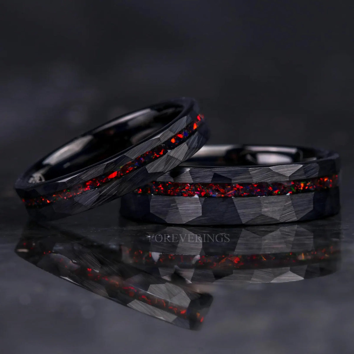 His and Hers Tungsten Wedding Band Set, Crushed Black Fire Opal, 6mm & 4mm Black Tungsten Rings, Hammer, Flat, Matte Brushed, Comfort Fit