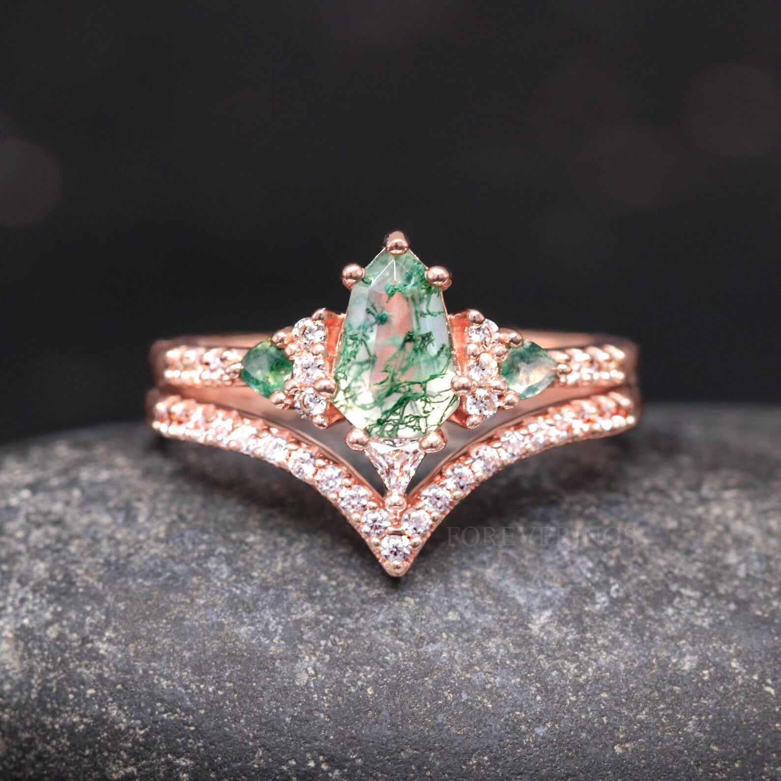 Lumiere Moss Agate Ring Set - Unique Rose Gold Engagement & Wedding Rings, His and Her Nature-Inspired 925 Silver Promise Rings for Couples