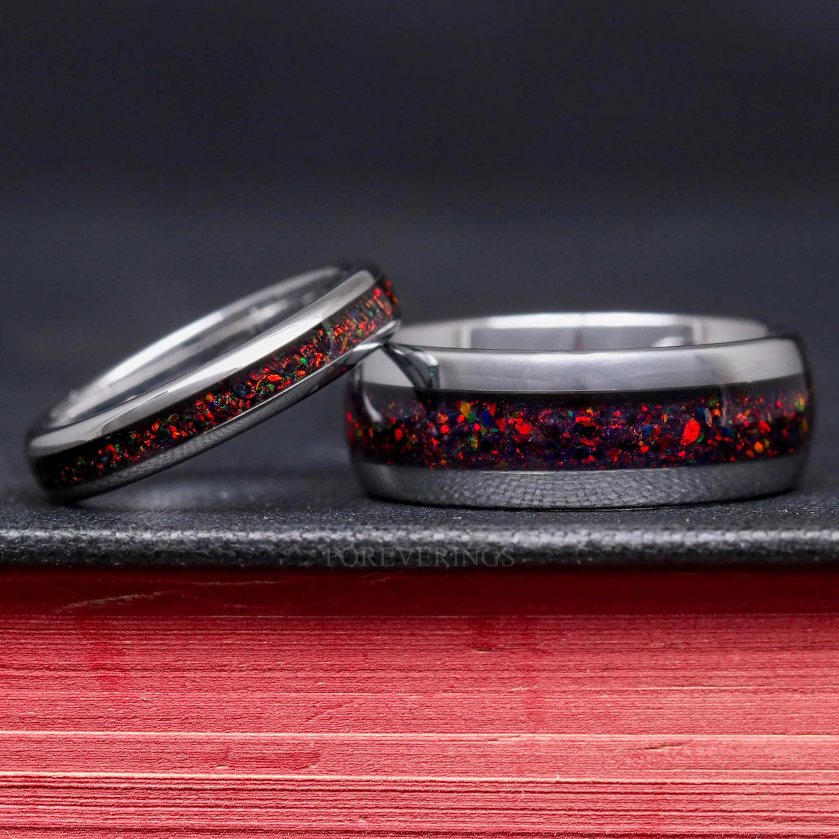 Black Opal Ring Set, His and Her Wedding Band, Black Fire Opal Ring Set, Silver Tungsten Ring, Polish, Dome, Matching Couple Ring, Engraving