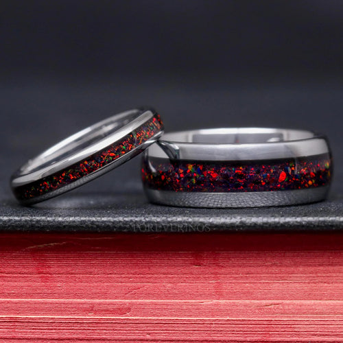 Black Opal Ring Set, His and Her Wedding Band, Black Fire Opal Ring Set, Silver Tungsten Ring, Polish, Dome, Matching Couple Ring, Engraving