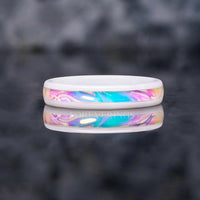 Caribbean Couples Ring Set – White Ceramic Mens Wedding Band with Blue Dichrolam & Matching Womens Promise Ring Set, Beach-Inspired Wedding