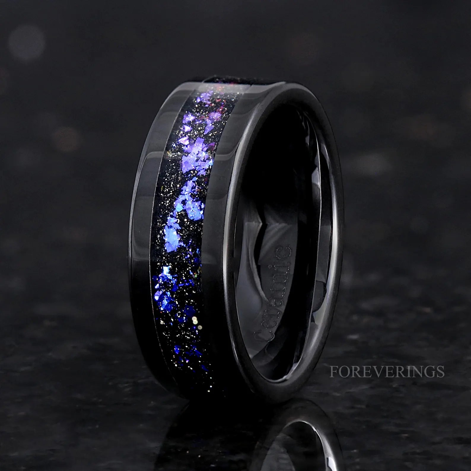 Blue Lotus Orion Nebula Wedding Ring Set, His and Hers Rings, Engagement Ring, Sapphire, Black Gold, Space Couple Ring, Ceramic & 925 Silver