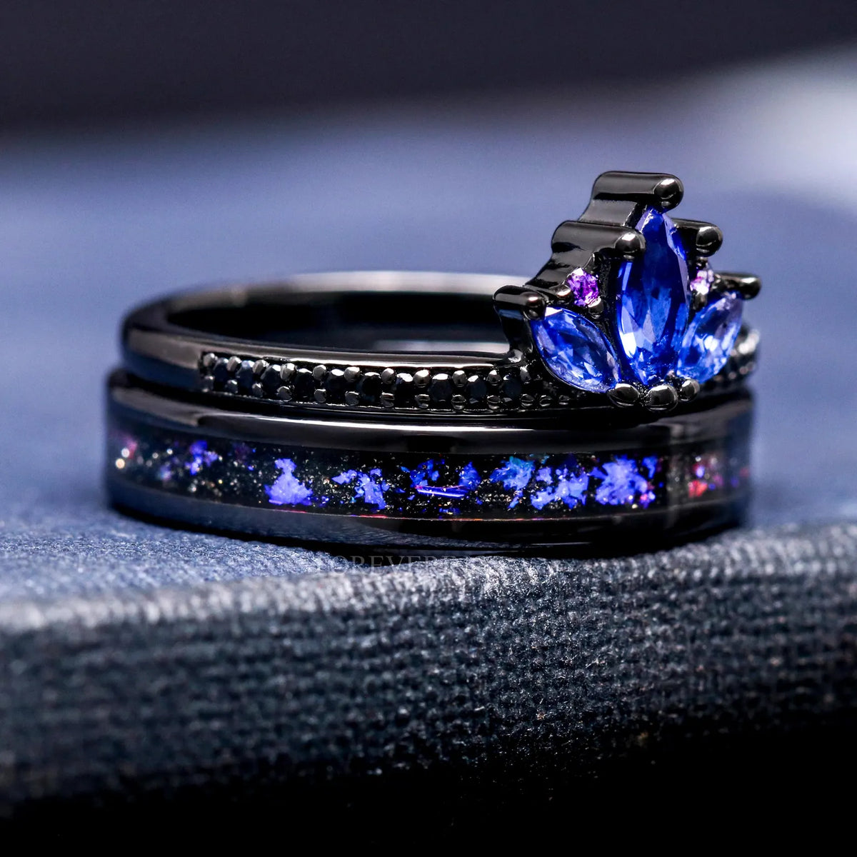 Blue Lotus Orion Nebula Engagement Ring Set, Women Unique Outer Space Wedding Ring, Blue Nebula Bridal Set, Personalized Promise Ring Gift