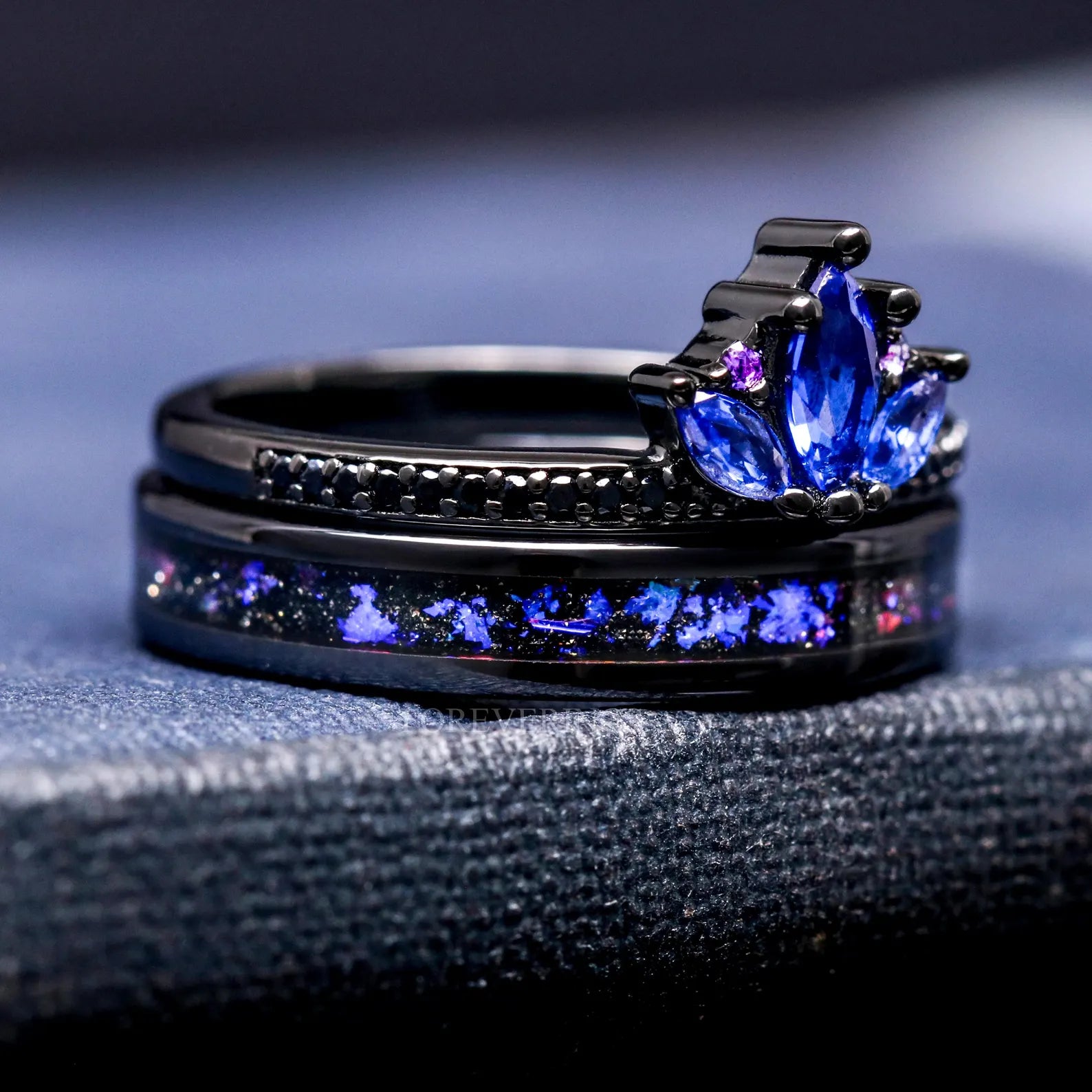 Blue Lotus Orion Nebula Wedding Ring Set, His and Hers Rings, Engagement Ring, Sapphire, Black Gold, Space Couple Ring, Ceramic & 925 Silver