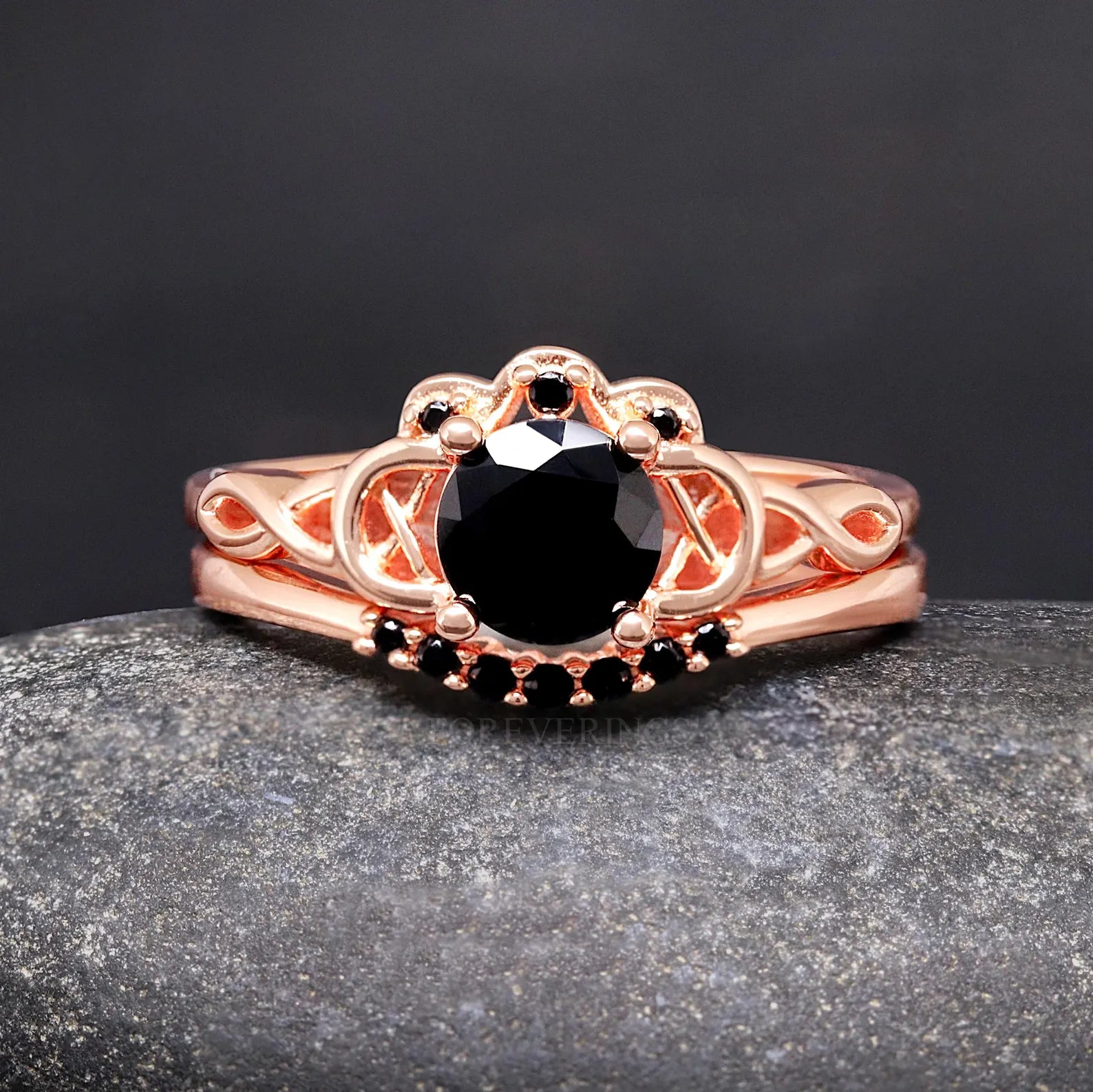 Womens Black Diamond Engagement Ring, Rose Gold Celtic Knot Wedding Ring, Alternative Promise Ring, Unique Ring for Her, Onyx Bridal Set