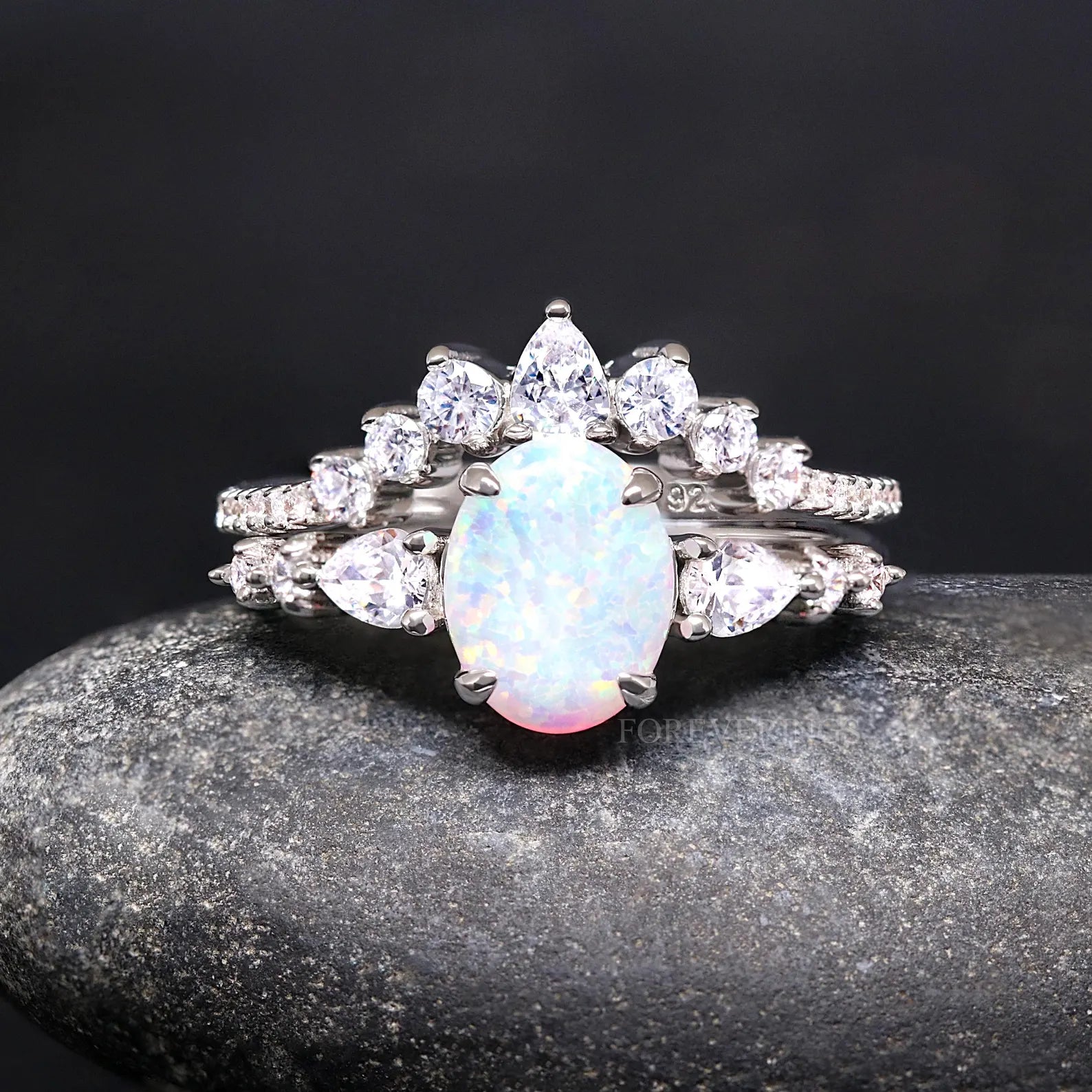 Vintage White Fire Opal Engagement Ring, Unique Silver Ring, Polished, Oval Alternative Wedding Ring, Promise Ring for Her, Bridal Set