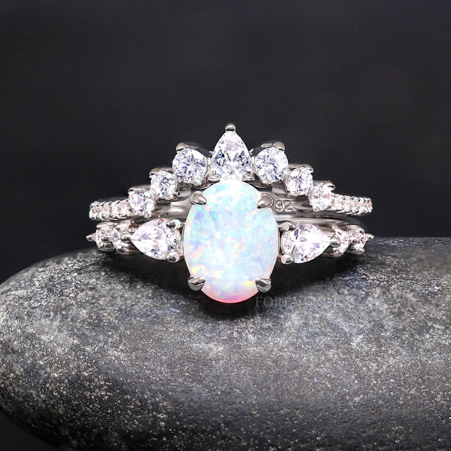 His and Hers White Fire Opal Ring Set, Matching Opal Ring, Silver Ring Set, Brushed Tungsten, Couples Ring, Unique Opal Engagement Ring Set