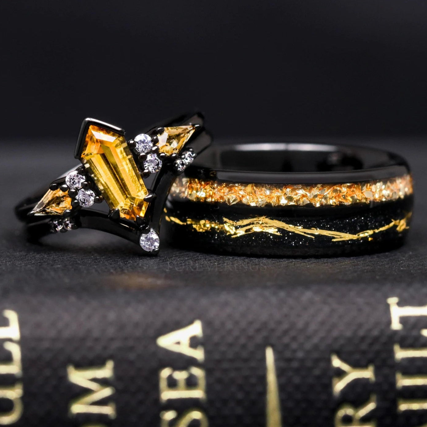 Citrine Couple Ring Set, Black & Gold Alternative Engagement Ring Set, Unique Black Band, Wedding or Promise Ring, Matching His and Her Ring