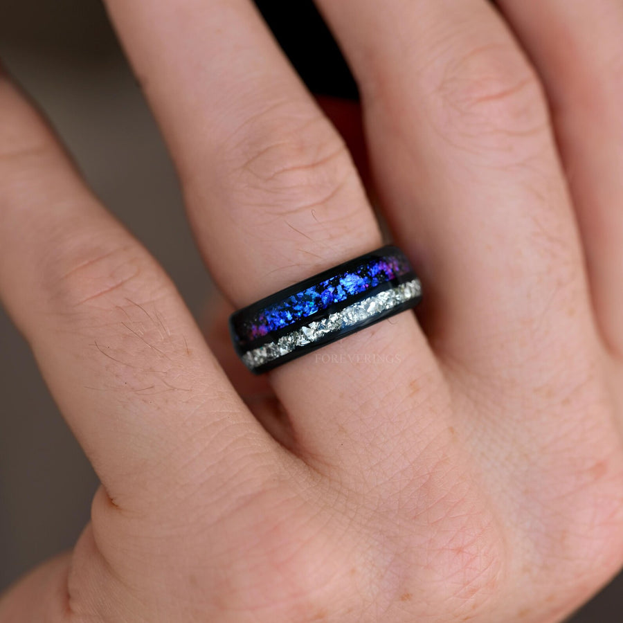 Orion Nebula Ring, Space Men Wedding Ring, Promise Ring, Black Nebula Anniversary Gift, Dome, Polish Smooth, Crushed Diamond, Black Tungsten