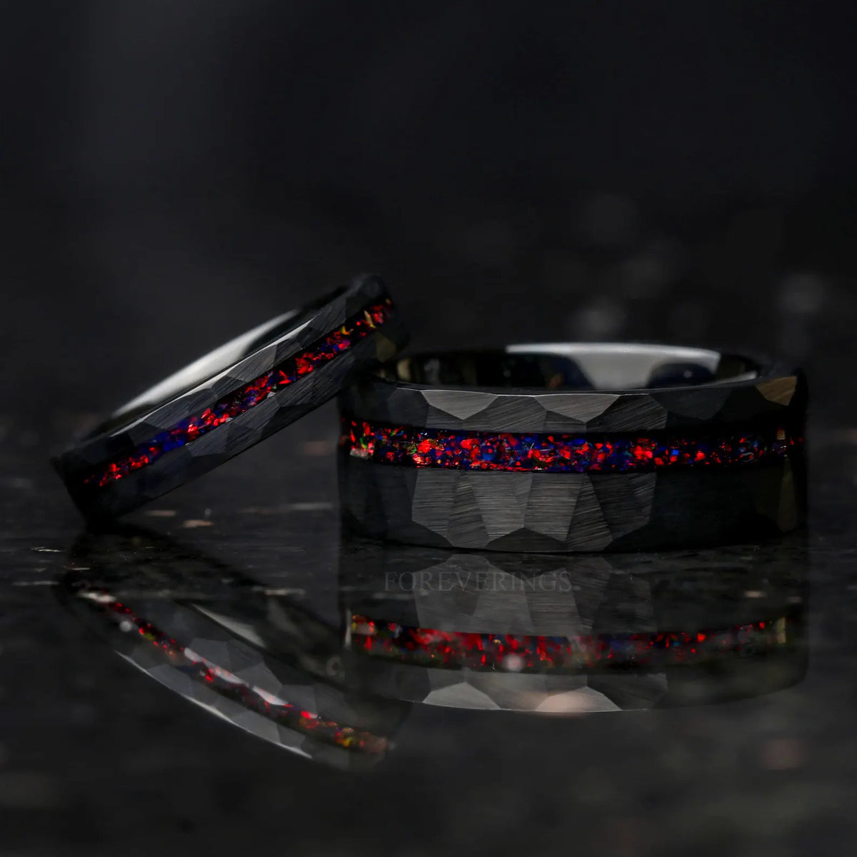 Mens Black Opal Wedding Band | Hammered Black Tungsten Ring