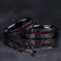 His and Hers Tungsten Wedding Band Set, Crushed Black Fire Opal, 6mm & 4mm Black Tungsten Rings, Hammer, Flat, Matte Brushed, Comfort Fit