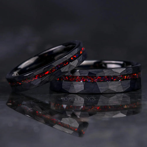 His and Hers Tungsten Wedding Band Set, Crushed Black Fire Opal, 6mm & 4mm Black Tungsten Rings, Hammer, Flat, Matte Brushed, Comfort Fit