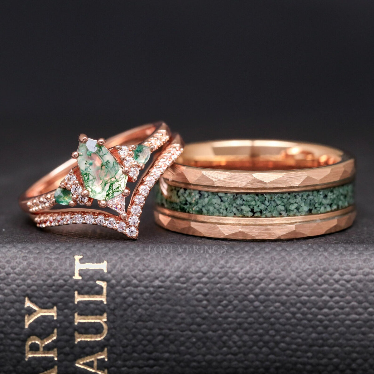 Rose Gold Moss Agate Wedding Ring, Woman Alternative Engagement Ring Set, Lumiere, Shield Cut, Nature Ring, Unique Wedding Ring, Engraving