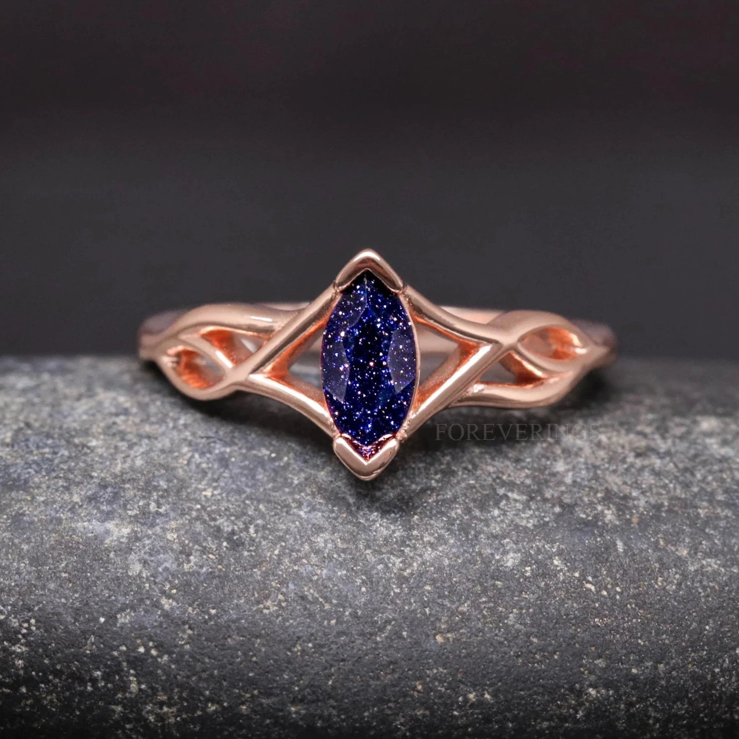 Starry Night Galaxy Engagement Ring, Womens Wedding Ring, Great Rift Nebula Ring, Rose Gold 925 Sterling Silver, Blue Sandstone, Celtic Knot