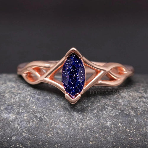 Starry Night Galaxy Engagement Ring, Womens Wedding Ring, Great Rift Nebula Ring, Rose Gold 925 Sterling Silver, Blue Sandstone, Celtic Knot