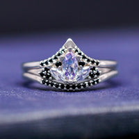 Mystic Lotus Wedding Ring Set, His and Her Crab Nebula Engagement Ring Set, Space Alexandrite, Black Onyx, Tungsten, 925 Sterling Silver