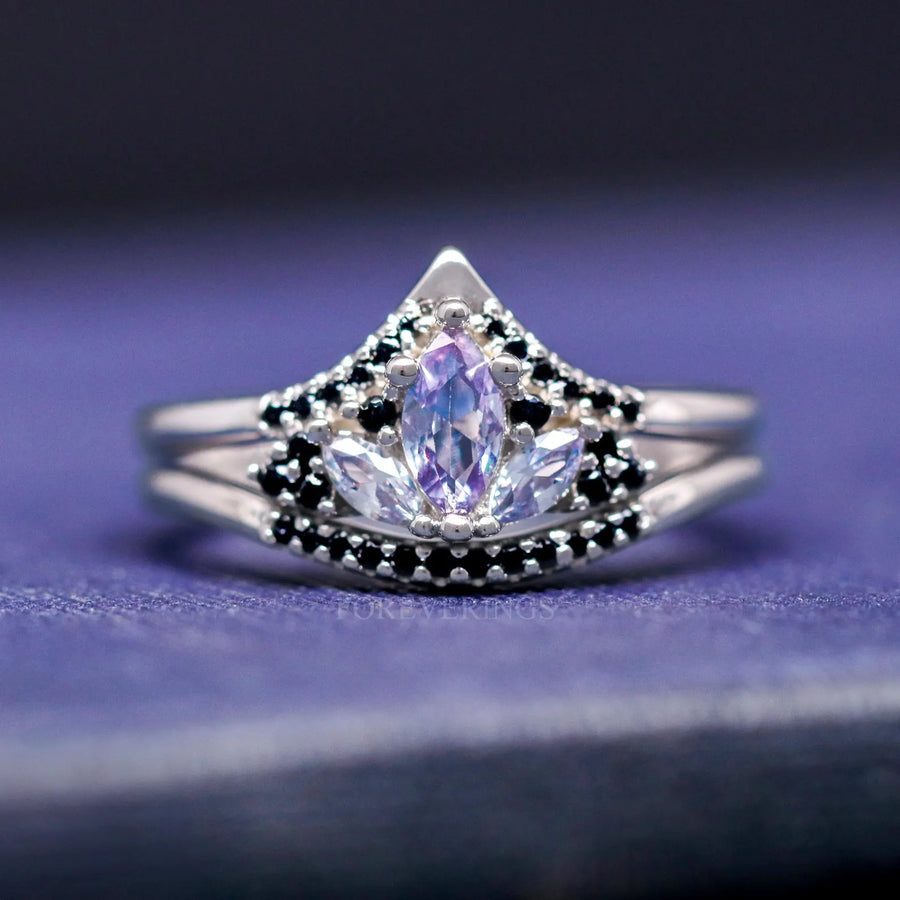 Mystic Lotus Wedding Ring Set, His and Her Crab Nebula Engagement Ring Set, Space Alexandrite, Black Onyx, Tungsten, 925 Sterling Silver