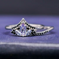 Mystic Lotus Wedding Ring Set, His and Her Crab Nebula Engagement Ring Set, Space Alexandrite, Black Onyx, Tungsten, 925 Sterling Silver