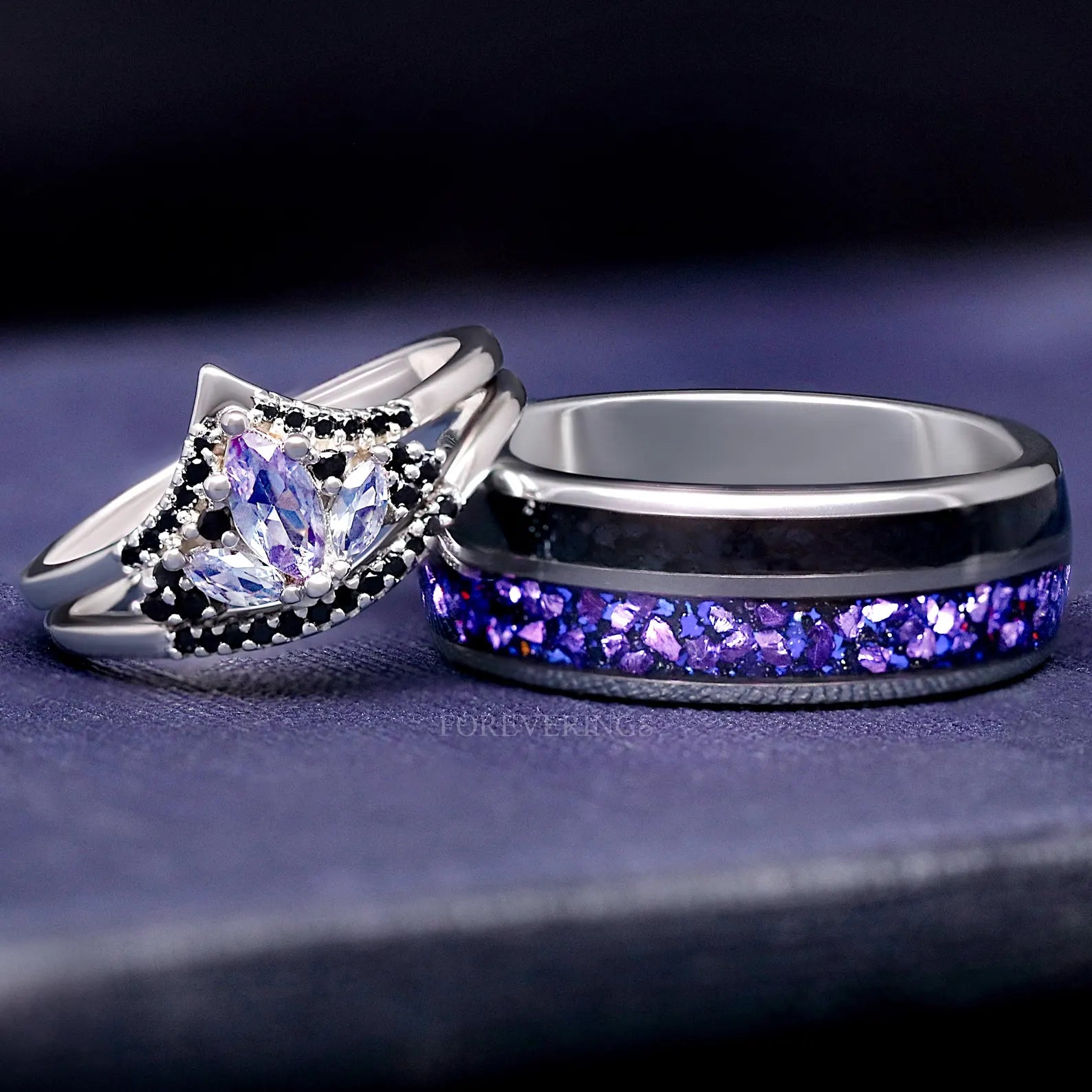 Mystic Lotus Wedding Ring Set, His and Her Crab Nebula Engagement Ring Set, Space Alexandrite, Black Onyx, Tungsten, 925 Sterling Silver