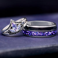 Mystic Lotus Wedding Ring Set, His and Her Crab Nebula Engagement Ring Set, Space Alexandrite, Black Onyx, Tungsten, 925 Sterling Silver