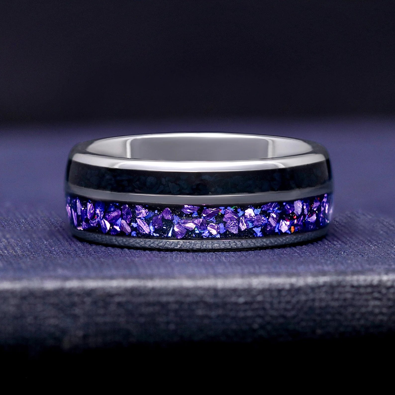 Men Space Wedding Band, Silver Tungsten Ring, Unique Engagement Ring, Crab Nebula Ring, Alexandrite & Black Onyx, Purple Sandstone, Lotus