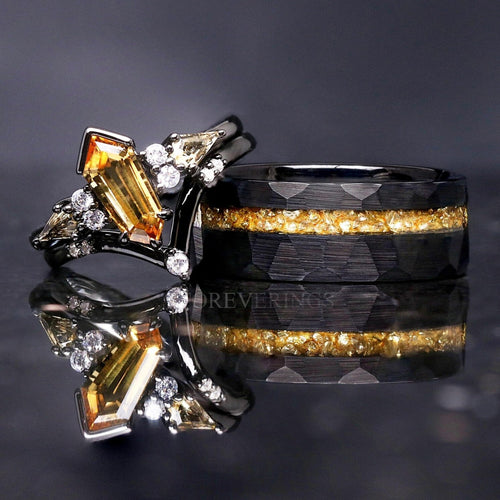 Matching black couples ring set with citrine, kite-cut engagement ring and 8mm hammered tungsten band