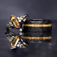 His and Her Citrine Wedding Ring Set Kite Coffin, Alternative Engagement Ring Set, Black Ring, Couples Matching Promise Ring, Engraving