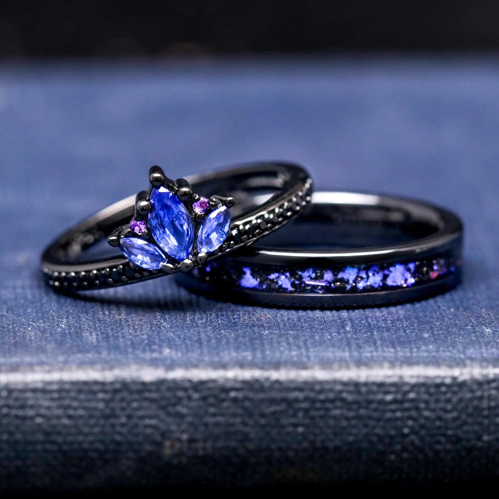 Blue Lotus Orion Nebula Wedding Ring Set, His and Hers Rings, Engagement Ring, Sapphire, Black Gold, Space Couple Ring, Ceramic & 925 Silver