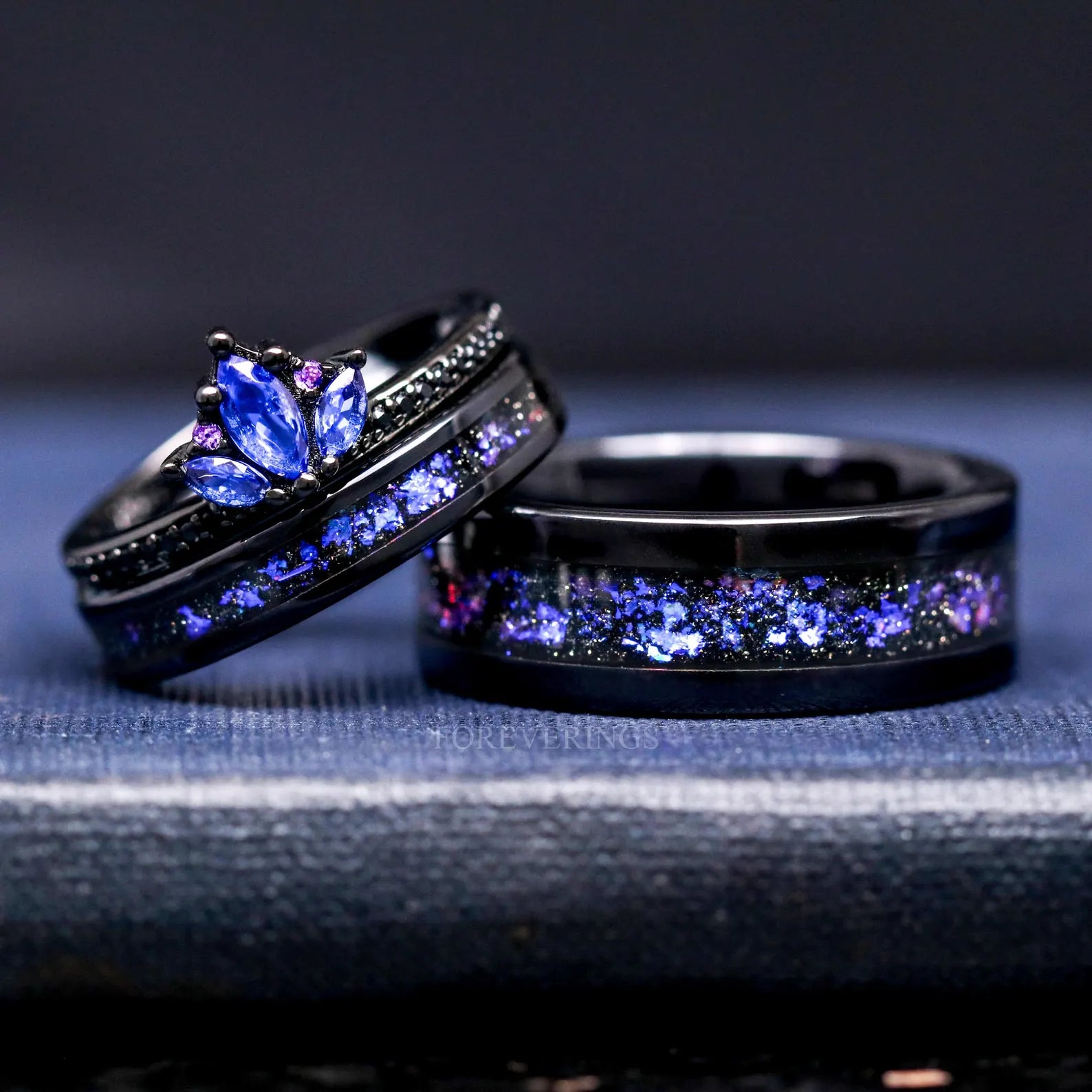 Blue Lotus Orion Nebula Wedding Ring Set, His and Hers Rings, Engagement Ring, Sapphire, Black Gold, Space Couple Ring, Ceramic & 925 Silver