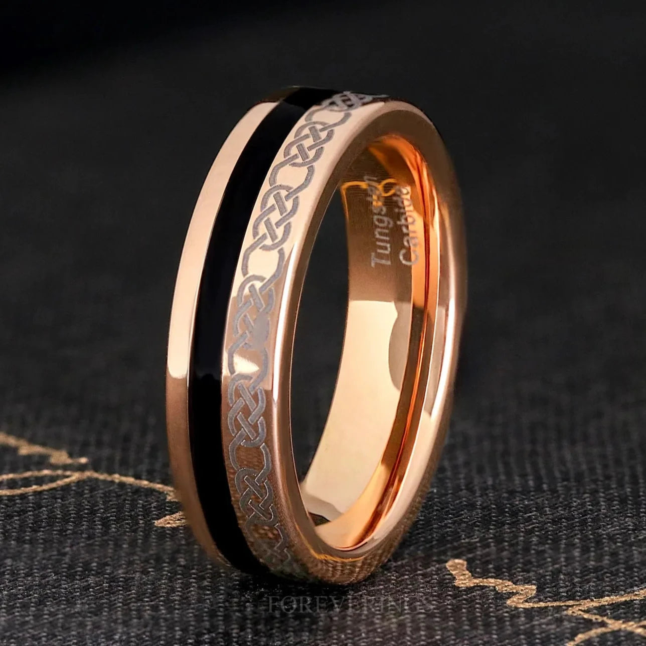 Black Onyx Mens Wedding Band, Rose Gold Tungsten Celtic Knot Ring, 6mm Unique Men Engagement & Promise Ring, Flat Offset Inlay Ring for Him